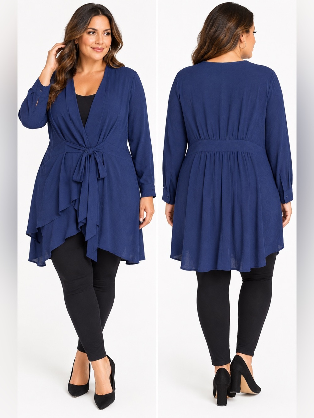 City Chic Navy Blue Tie Waist Long Sleeve Tunic Top Plus Size L/20